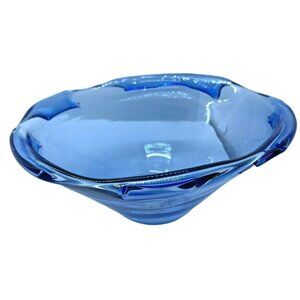 Blenko Light Blue Handmade Fruit Bowl Folded Sides Vintage MCM Signed